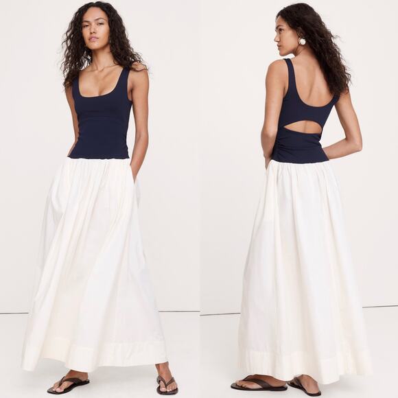 Banana Republic Dresses & Skirts - Banana Republic Stretch Cotton Poplin Maxi Dress Navy Blue Cream Size Small
